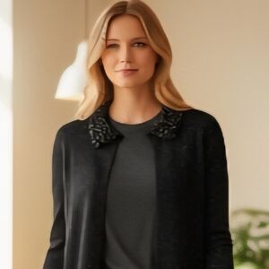 Escapade Black Beaded Sequin Open Cardigan Faux Fur Collar S Good Condition